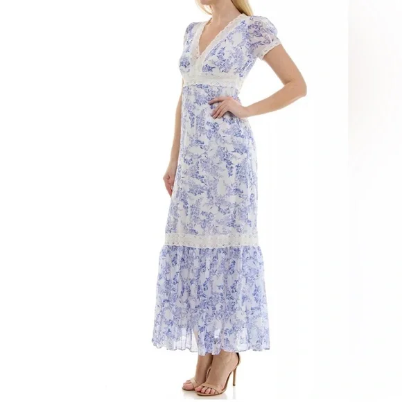 Taylor Women’s Blue & White Floral Tiered V‑Neck Fit & Flare Maxi Dress – Size 8 - Picture 3 of 14